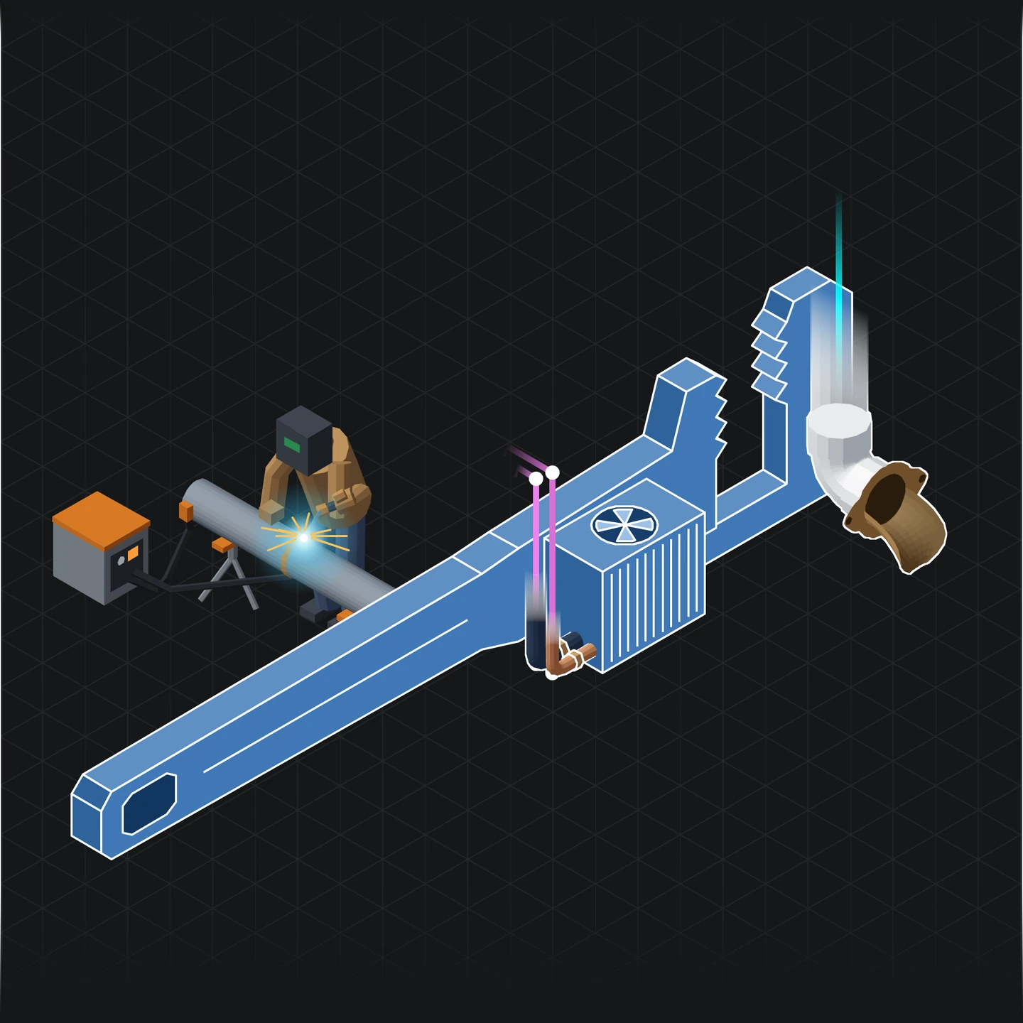 Isometric drawing of a pipefitter welding pipe next to ductwork, a pipe wrench and fittings